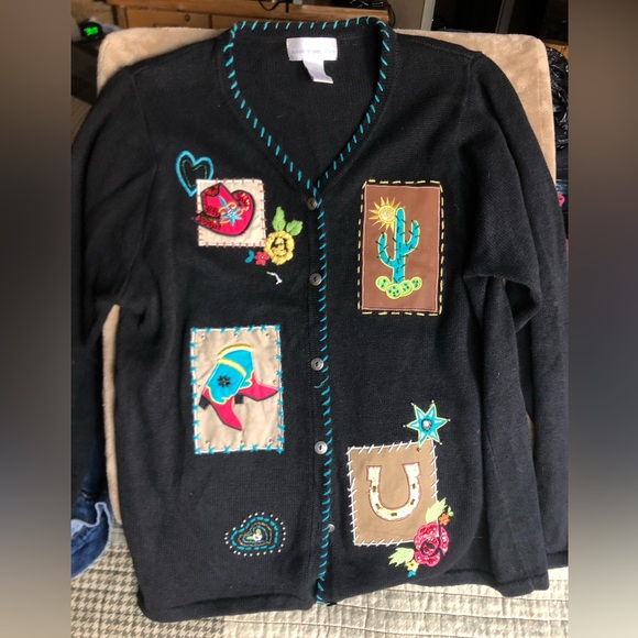 Susan Graver Sweaters - Susan Graver Black V-Neck Sweater with Colorful Embroidery